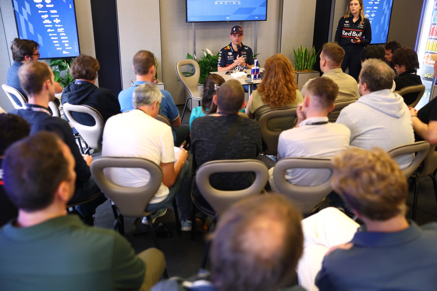 Max Verstappen of the Netherlands and Oracle Red Bull Racing is interviewed in a press conference during previews ahead of the F1 Grand Prix of Azerbaijan at Baku City Circuit on September 18, 2025 in Baku, Azerbaijan. (Photo by Mark Thompson/Getty Images) // Getty Images / Red Bull Content Pool //
