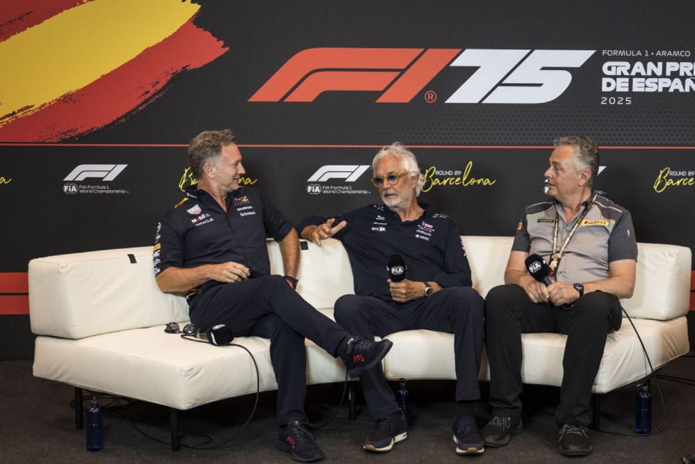 TEAM REPRESENTATIVES - Christian HORNER (Red Bull Racing), Flavio BRIATORE (Alpine), Mario ISOLA (Pirelli) met with the media Friday ahead of the 2025 GP of Spain in Barcelona