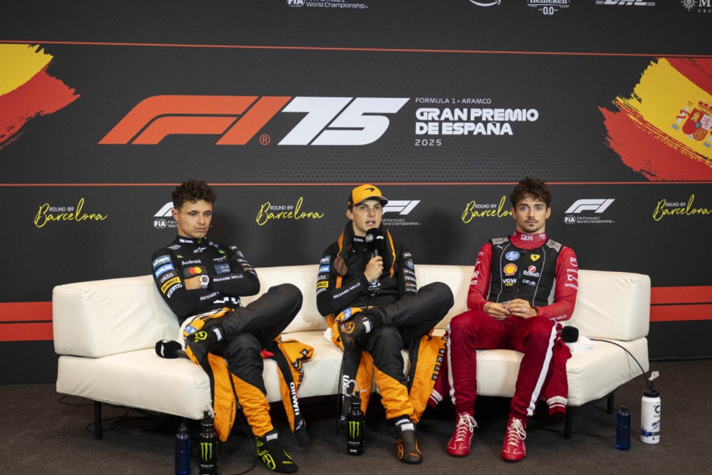 2025 Spanish GP Post-Race Press Conference. DRIVERS 1 – Oscar PIASTRI (McLaren) 2 – Lando NORRIS (McLaren) 3 – Charles LECLERC (Ferrari)