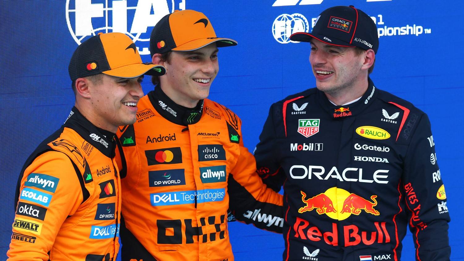 L to R: Lando Norris, Oscar Piastri and Max Verstappen