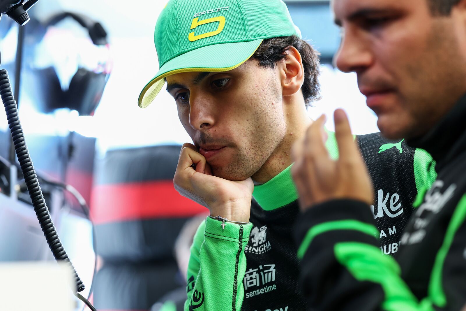 Gabriel Bortoleto of Brazil and Stake F1 Team Kick Sauber looks on in the garage during Sprint Qualifying ahead of the F1 Grand Prix of Brazil at Autodromo Jose Carlos Pace on November 07, 2025 in Sao Paulo, Brazil. (Photo by Andy Hone/LAT Images for Sauber)