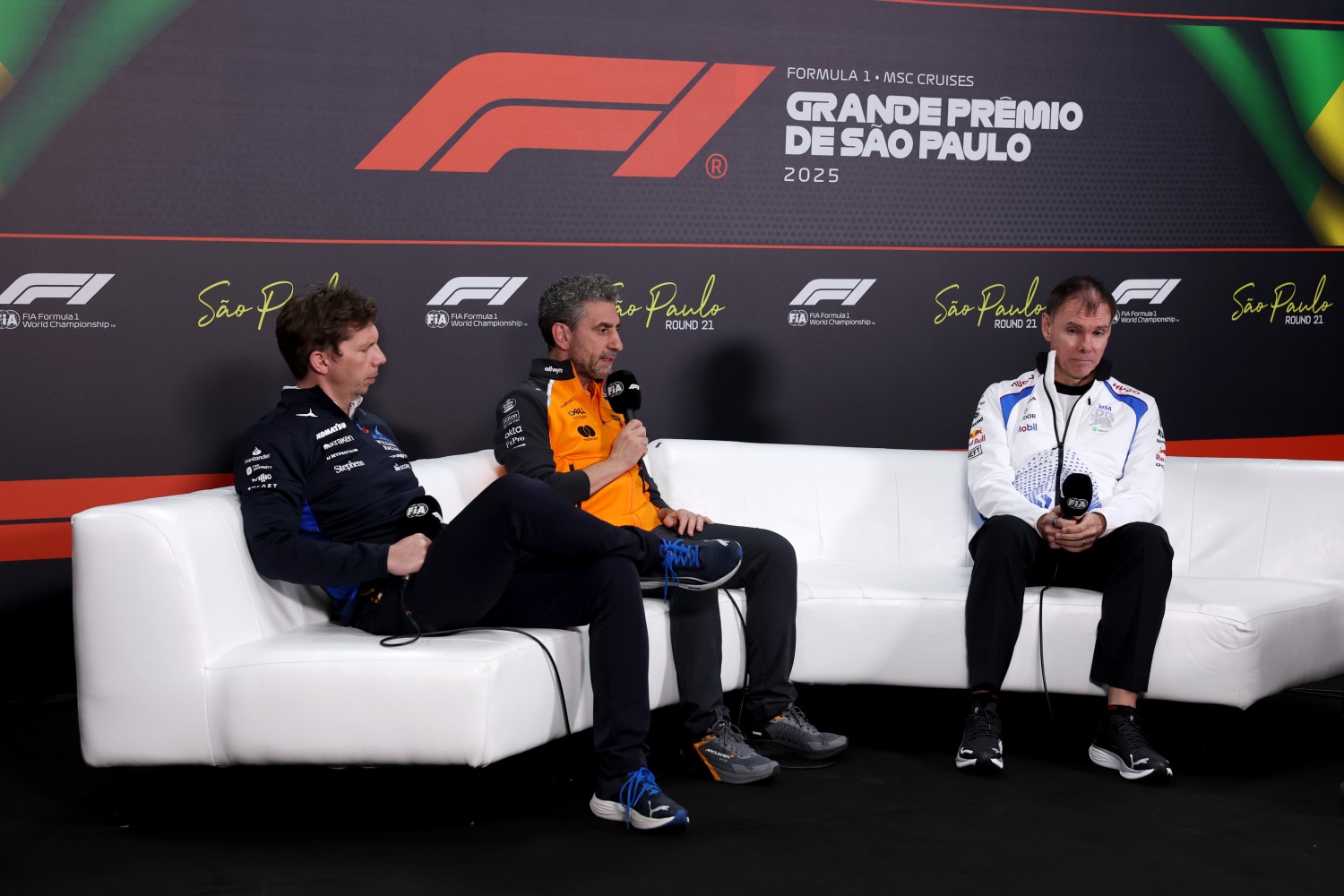 James Vowles, Team Principal of Williams Andrea Stella, Team Principal of McLaren and Alan Permane, Team Principal of Visa Cash App Racing Bulls in the Team Principals Press Conference during practice ahead of the F1 Grand Prix of Brazil at Autodromo Jose Carlos Pace on November 07, 2025 in Sao Paulo, Brazil. (Photo by Lars Baron/Getty Images for McLaren)
