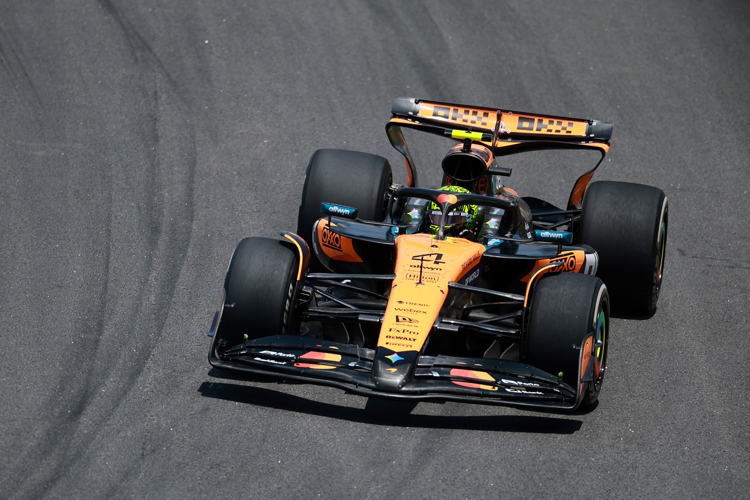 Lando Norris of Great Britain driving the (4) McLaren MCL39 Mercedes on track during practice ahead of the F1 Grand Prix of Brazil at Autodromo Jose Carlos Pace on November 07, 2025 in Sao Paulo, Brazil. (Photo by Hector Vivas/Getty Images)