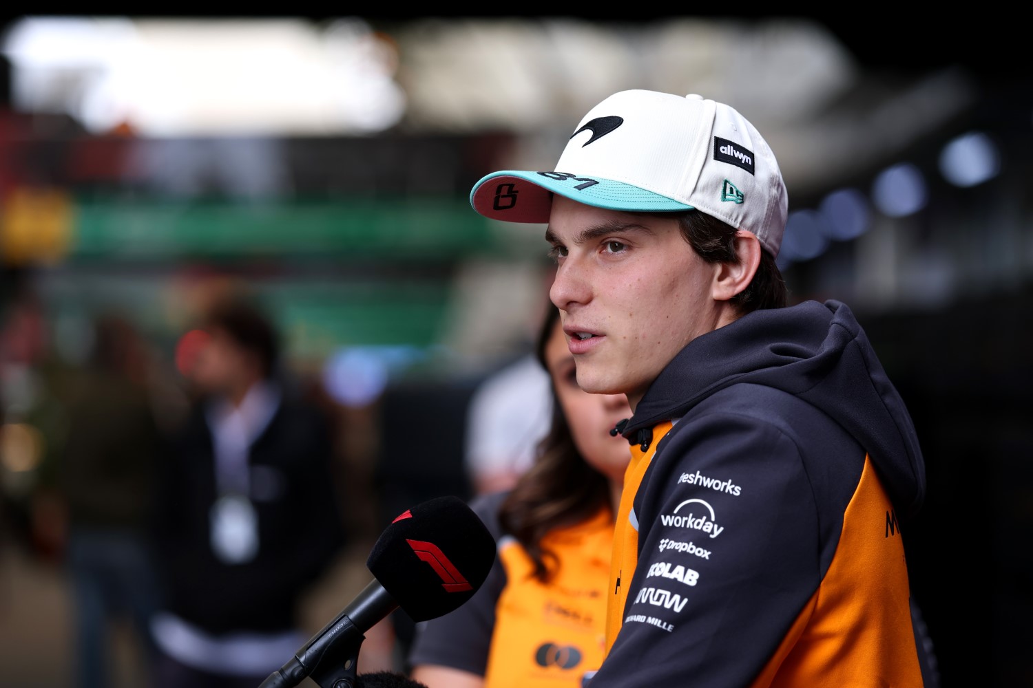 Oscar Piastri of Australia and McLaren talks to the media during previews ahead of the F1 Grand Prix of Brazil at Autodromo Jose Carlos Pace on November 06, 2025 in Sao Paulo, Brazil. (Photo by Lars Baron/Getty Images for McLaren)