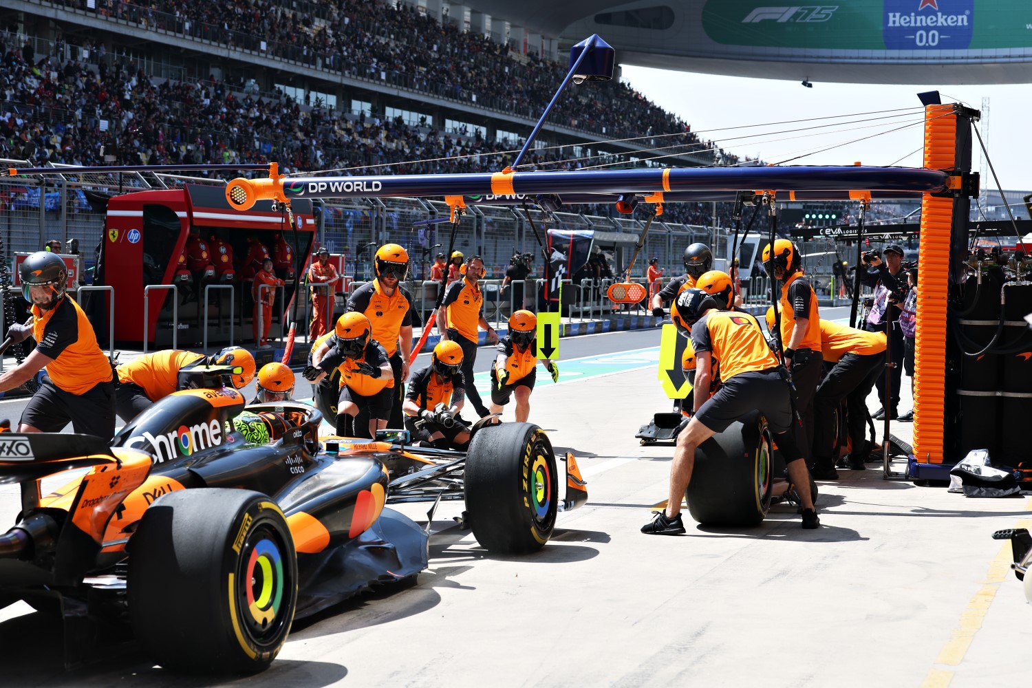 Lando Norris of Great Britain driving the (4) McLaren MCL39 Mercedes makes a pitstop during practice ahead of the F1 Grand Prix of China at Shanghai International Circuit on March 21, 2025 in Shanghai, China. (Photo by Steven Tee/LAT Images for Pirelli)