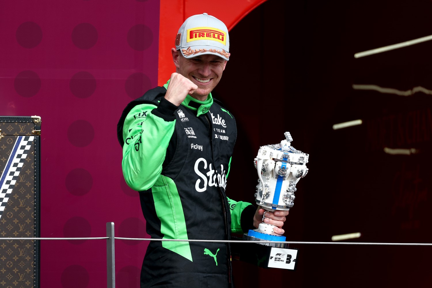 Third placed Nico Hulkenberg of Germany and Stake F1 Team Kick Sauber on the podium with his trophy during the F1 Grand Prix of Great Britain at Silverstone Circuit on July 06, 2025 in Northampton, England. (Photo by Clive Rose/Getty Images)