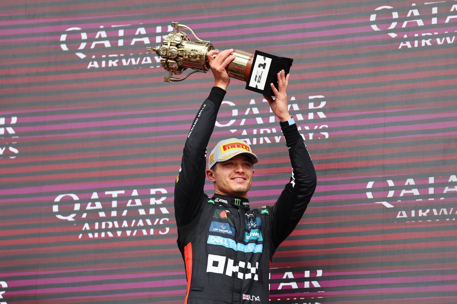Race winner Lando Norris of Great Britain and McLaren on the podium with his trophy during the F1 Grand Prix of Great Britain at Silverstone Circuit on July 06, 2025 in Northampton, England. (Photo by Andy Hone/LAT Images for McLaren)