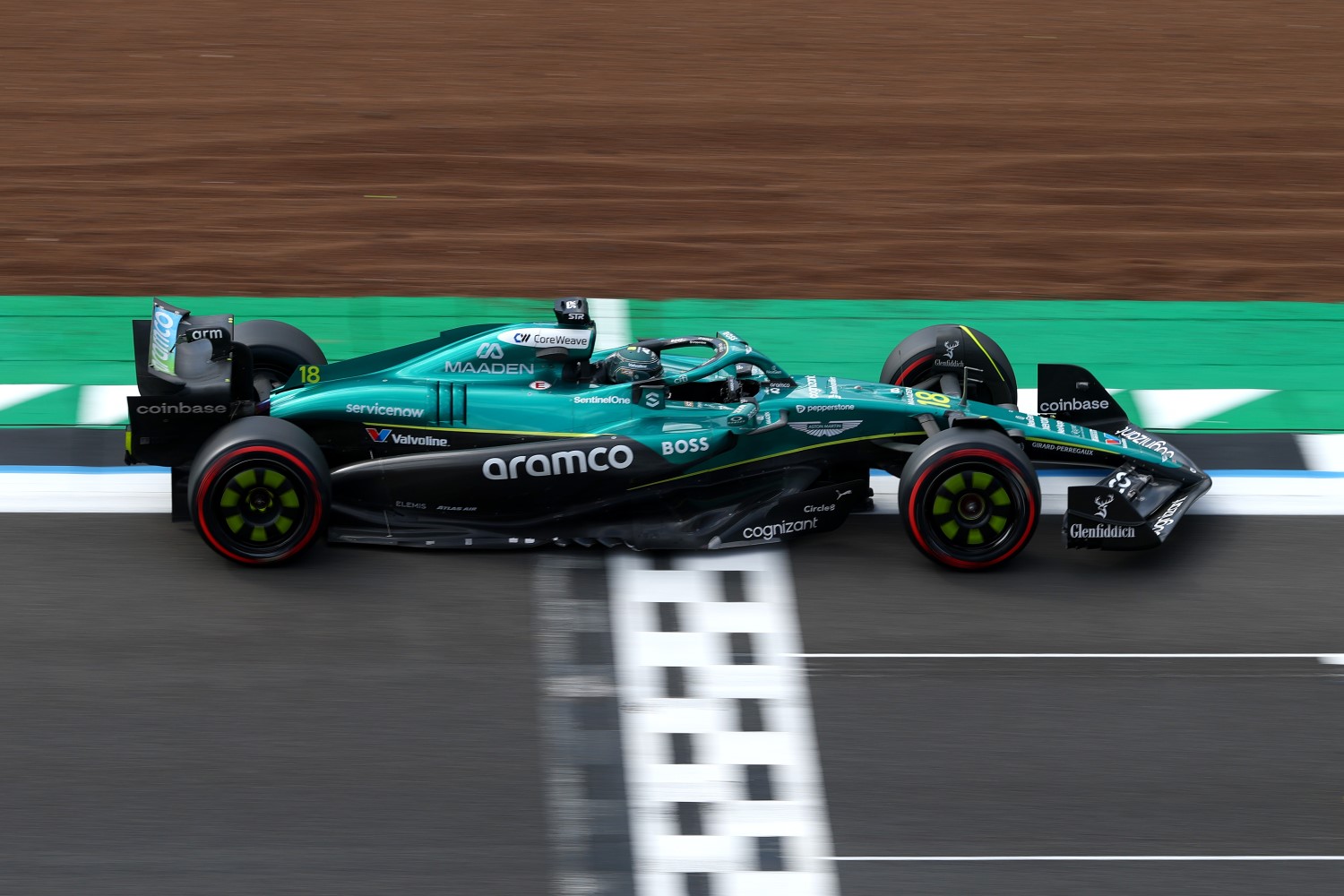 Lance Stroll of Canada driving the (18) Aston Martin F1 Team AMR25 Mercedes on track during the F1 Grand Prix of Great Britain at Silverstone Circuit on July 06, 2025 in Northampton, England. (Photo by Zak Mauger/LAT Images for Aston Martin)