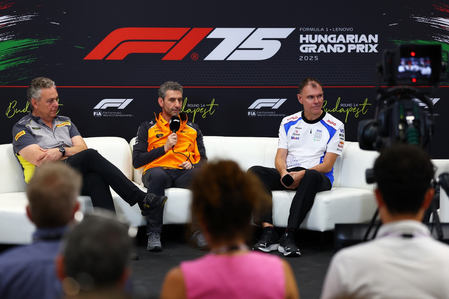 Mario Isola, Director of Pirelli F1 Andrea Stella, Team Principal of McLaren and Alan Permane, Team Principal of Visa Cash App Racing Bulls in the Team Principals Press Conference during practice ahead of the F1 Grand Prix of Hungary at Hungaroring on August 01, 2025 in Budapest, Hungary. (Photo by Bryn Lennon/Getty Images) // Getty Images / Red Bull Content Pool //