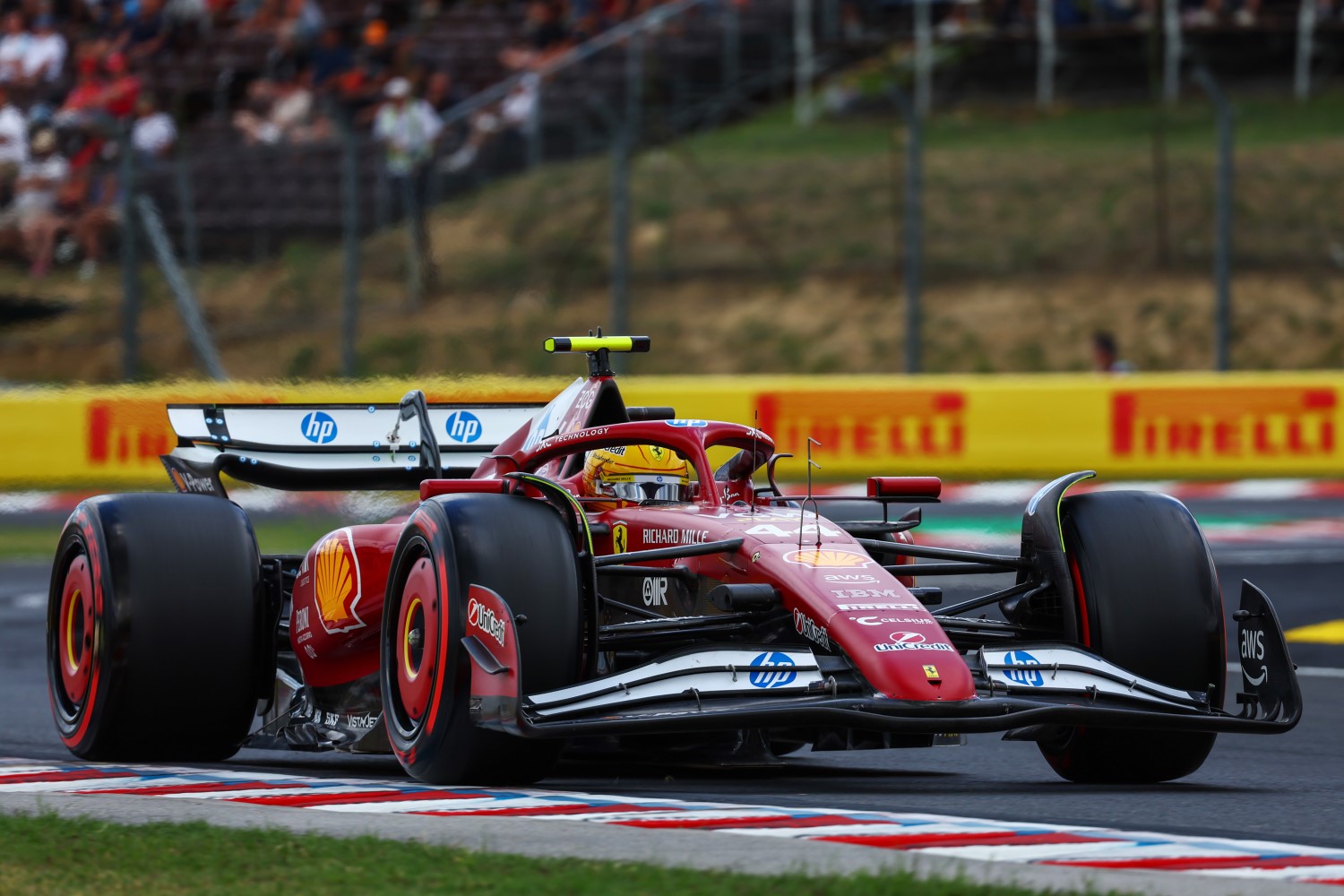 Lewis Hamilton of Great Britain driving the (44) Scuderia Ferrari SF-25 on track during practice ahead of the F1 Grand Prix of Hungary at Hungaroring on August 01, 2025 in Budapest, Hungary. (Photo by Joe Portlock/Getty Images for Pirelli)