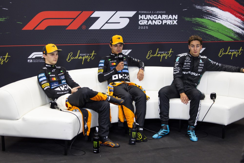 2025 Hungarian GP Post-Race Press Conference. The top-3 finishers in the 2025 Hungarian GP Formula 1 race met with the media Sunday at the Hungaroring. DRIVERS   1  Lando NORRIS (McLaren) 2  Oscar PIASTRI (McLaren) 3  George RUSSELL (Mercedes)