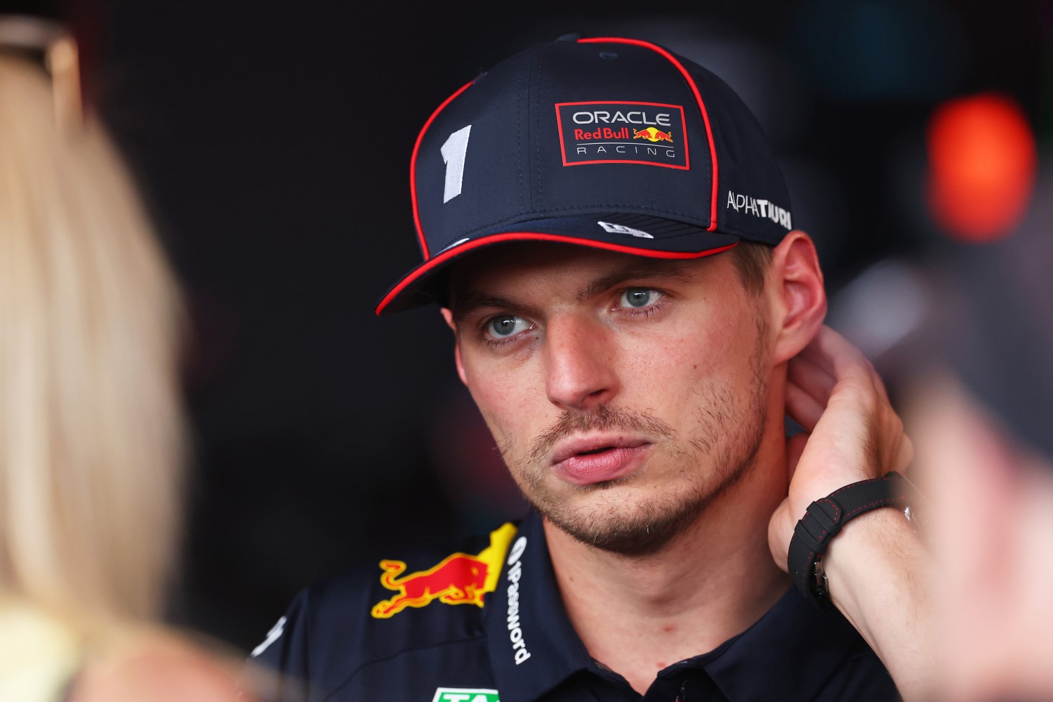 Max Verstappen of the Netherlands and Oracle Red Bull Racing is interviewed during practice ahead of the F1 Grand Prix of Hungary at Hungaroring on August 01, 2025 in Budapest, Hungary. (Photo by Clive Rose/Getty Images) // Getty Images / Red Bull Content Pool //