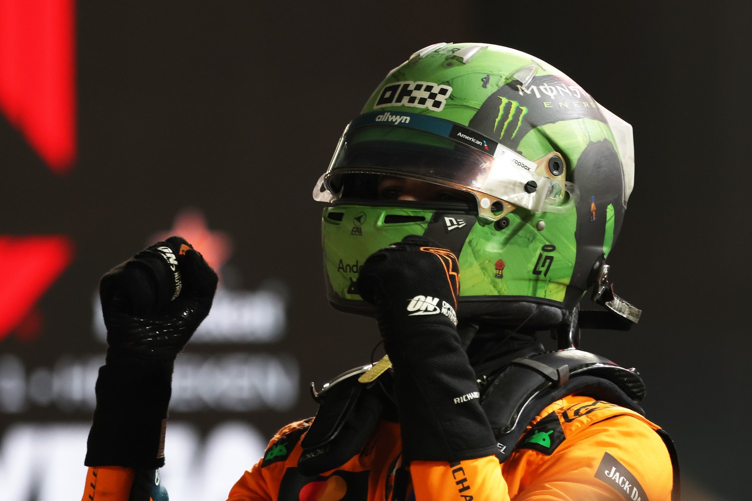 Pole position qualifier Lando Norris of Great Britain and McLaren celebrates on arrival in parc ferme during qualifying ahead of the F1 Grand Prix of Las Vegas at Las Vegas Strip Circuit on November 21, 2025 in Las Vegas, Nevada. (Photo by Sam Bloxham/LAT Images)
