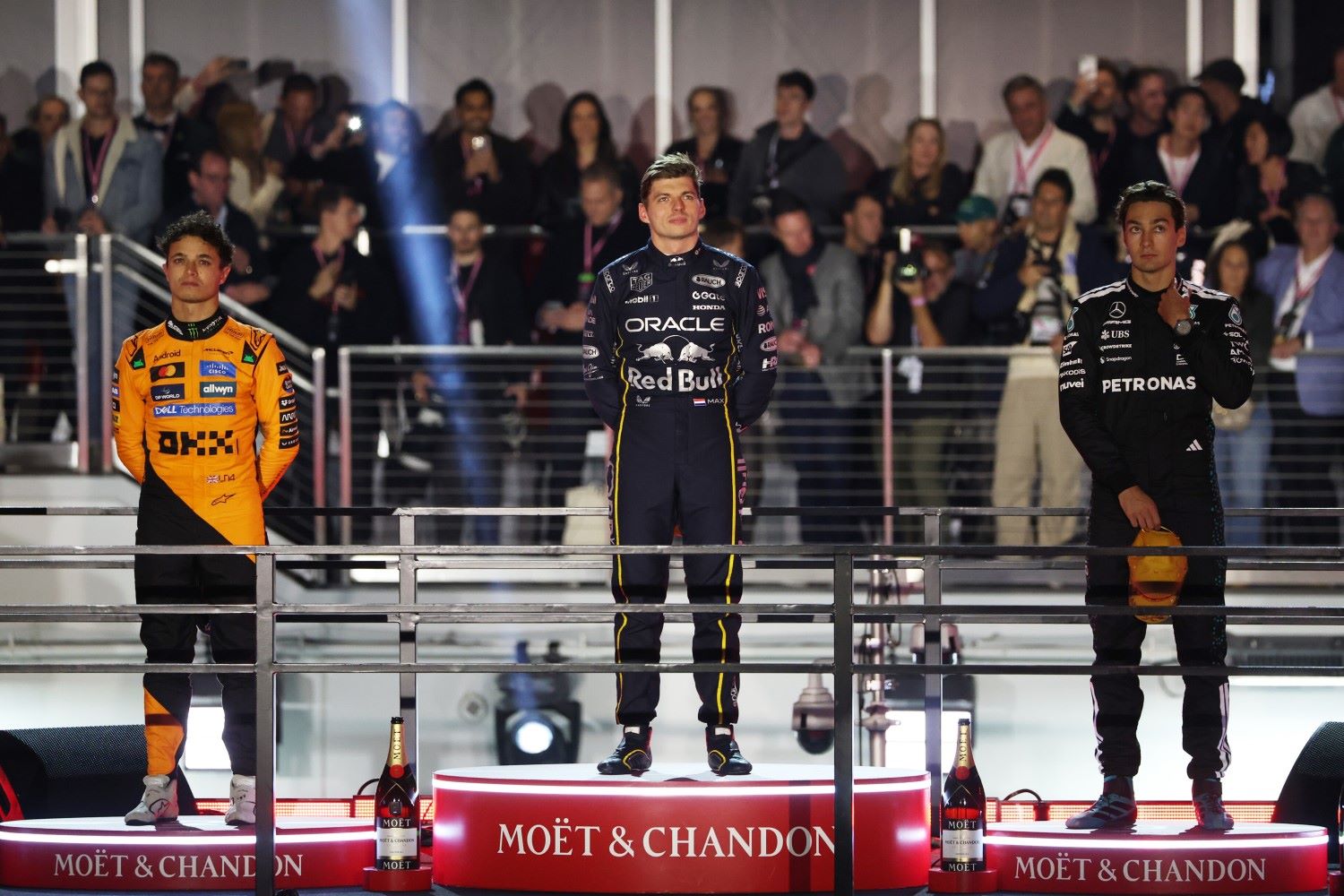 Race winner Max Verstappen of the Netherlands and Oracle Red Bull Racing Second placed Lando Norris of Great Britain and McLaren and Third placed George Russell of Great Britain and Mercedes AMG Petronas F1 Team on the podium during the F1 Grand Prix of Las Vegas at Las Vegas Strip Circuit on November 22, 2025 in Las Vegas, Nevada. (Photo by Chris Graythen/Getty Images) // Getty Images / Red Bull Content Pool //