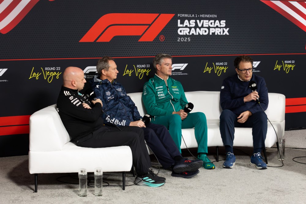 2025 Las Vegas GP Thursday Press Conference TEAM REPRESENTATIVES - Simone RESTA (Mercedes), Paul MONAGHAN (Red Bull Racing), Andy STEVENSON (Aston Martin), Nikolas TOMBAZIS (FIA)