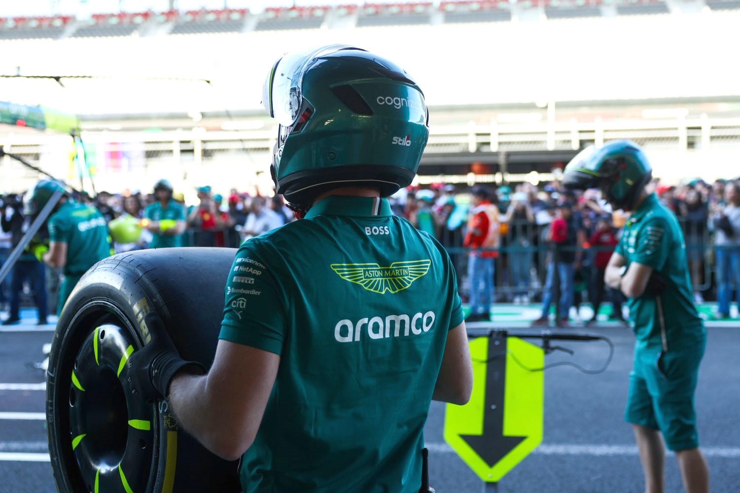 Aston Martin F1 Team pitstop practice during previews ahead of the F1 Grand Prix of Mexico at Autodromo Hermanos Rodriguez on October 23, 2025 in Mexico City, Mexico. (Photo by Zak Mauger/LAT Images for Aston Martin)