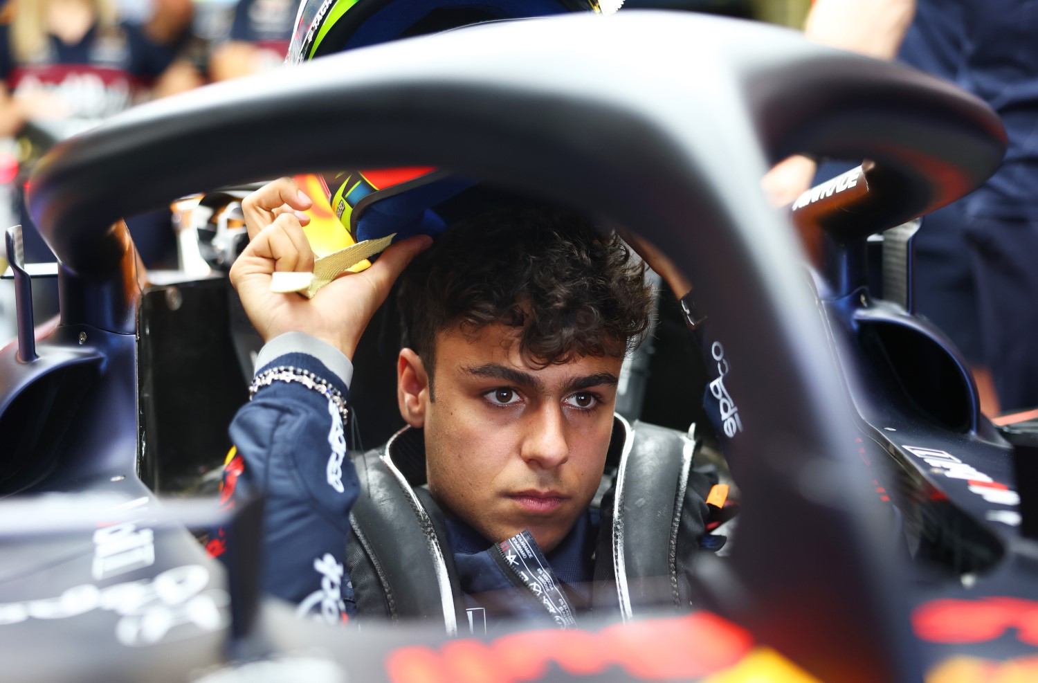 Arvid Lindblad of Great Britain and Oracle Red Bull Racing has a seat fit in the garage during previews ahead of the F1 Grand Prix of Mexico at Autodromo Hermanos Rodriguez on October 23, 2025 in Mexico City, Mexico. (Photo by Mark Thompson/Getty Images) // Getty Images / Red Bull Content Pool //
