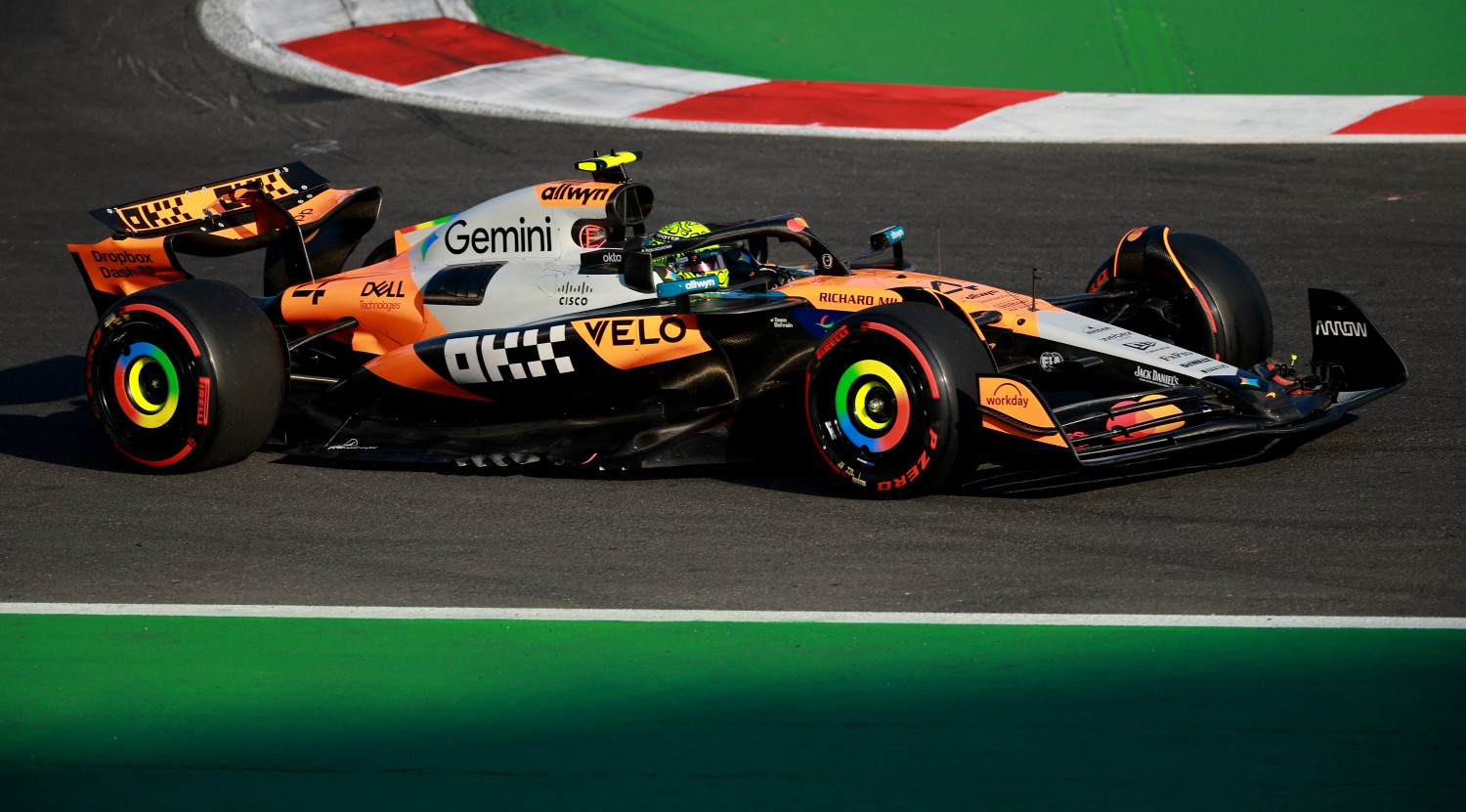Lando Norris of Great Britain driving the (4) McLaren MCL39 Mercedes on track during practice ahead of the F1 Grand Prix of Mexico at Autodromo Hermanos Rodriguez on October 24, 2025 in Mexico City, Mexico. (Photo by Hector Vivas/Getty Images for McLaren)
