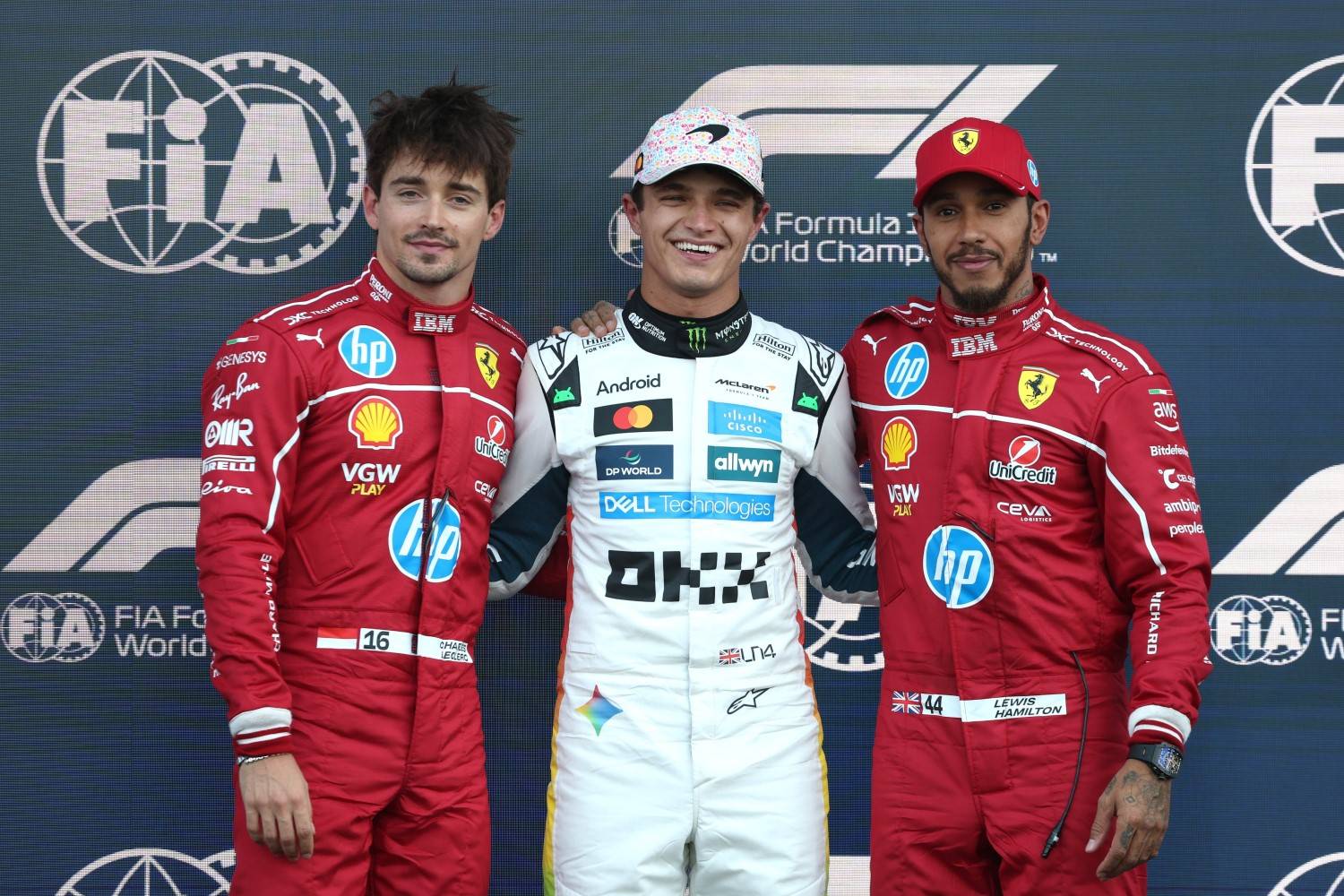 The top-3 qualifiers for the 2025 Mexico City GP (L to R) Charles Leclerc 2nd, Lando Norris 1st and Lewis Hamilton 3rd. Photo courtesy of the FIA via X