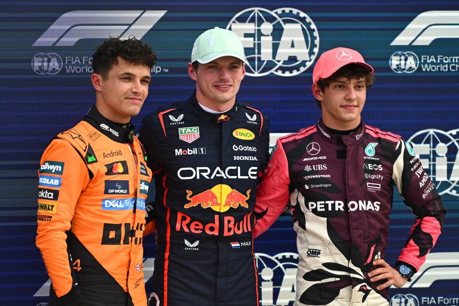 Pole position qualifier Max Verstappen of the Netherlands and Oracle Red Bull Racing Second placed qualifier Lando Norris of Great Britain and McLaren and Third placed qualifier Andrea Kimi Antonelli of Italy and Mercedes AMG Petronas F1 Team during qualifying ahead of the F1 Grand Prix of Miami at Miami International Autodrome on May 03, 2025 in Miami, Florida. (Photo by Rudy Carezzevoli/Getty Images) // Getty Images / Red Bull Content Pool //