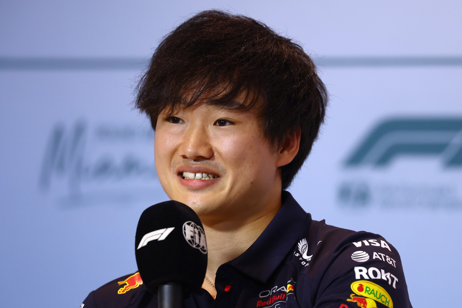 Yuki Tsunoda of Japan and Oracle Red Bull Racing speaks in the Drivers Press Conference during previews ahead of the F1 Grand Prix of Miami at Miami International Autodrome on May 01, 2025 in Miami, Florida. (Photo by Clive Rose/Getty Images) // Getty Images / Red Bull Content Pool //