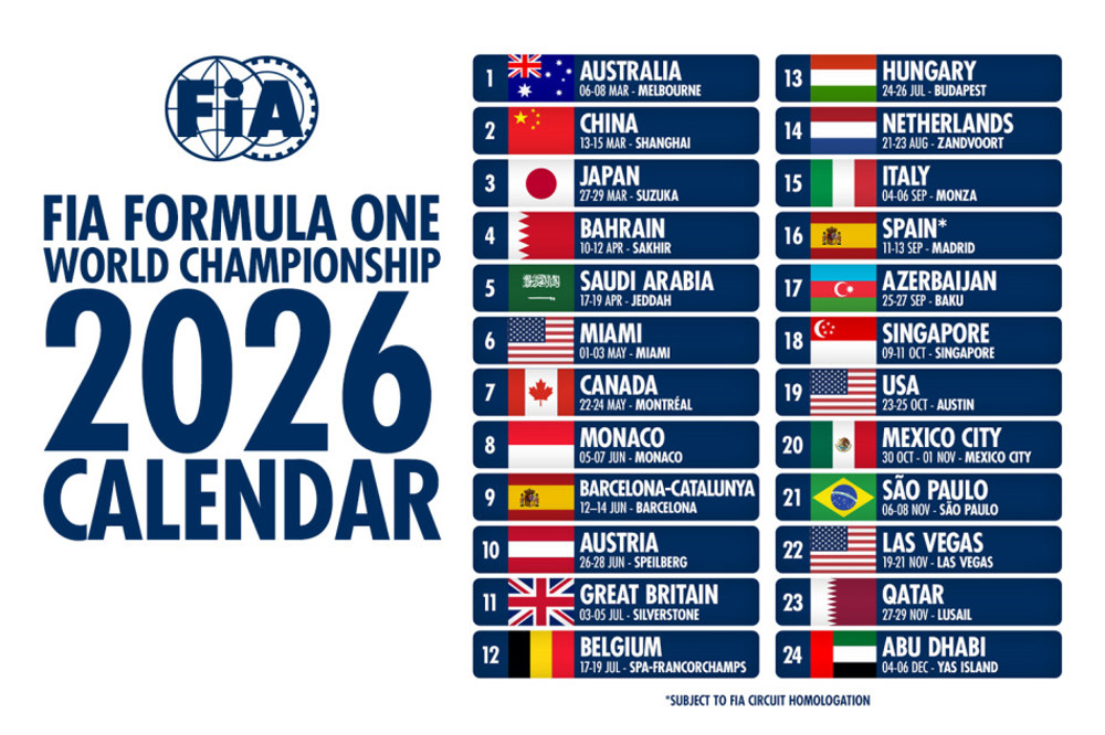 FIA and Formula 1 announce 2026 calendar