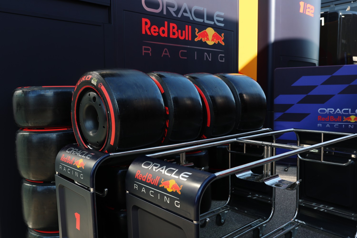 Pirelli soft tires on a Oracle Red Bull Racing trolley in the Paddock during previews ahead of the F1 Grand Prix of Italy at Autodromo Nazionale Monza on September 04, 2025 in Monza, Italy. (Photo by Steven Tee/LAT Images for Pirelli)