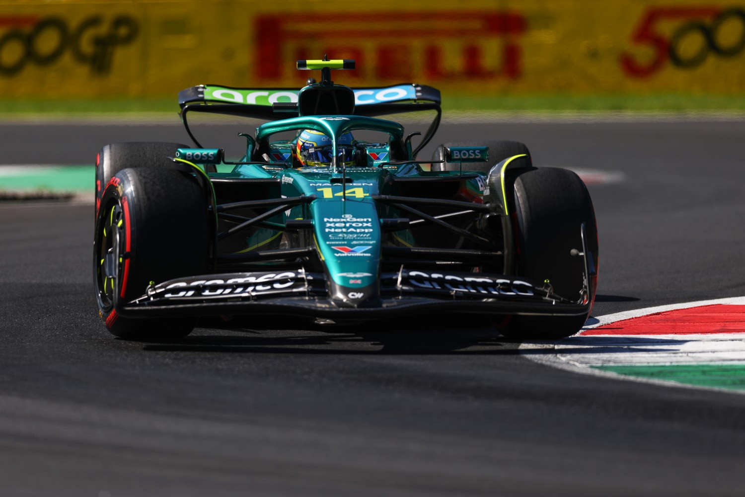 Fernando Alonso of Spain driving the (14) Aston Martin F1 Team AMR25 Mercedes on track during final practice ahead of the F1 Grand Prix of Italy at Autodromo Nazionale Monza on September 06, 2025 in Monza, Italy. (Photo by Zak Mauger/LAT Images)