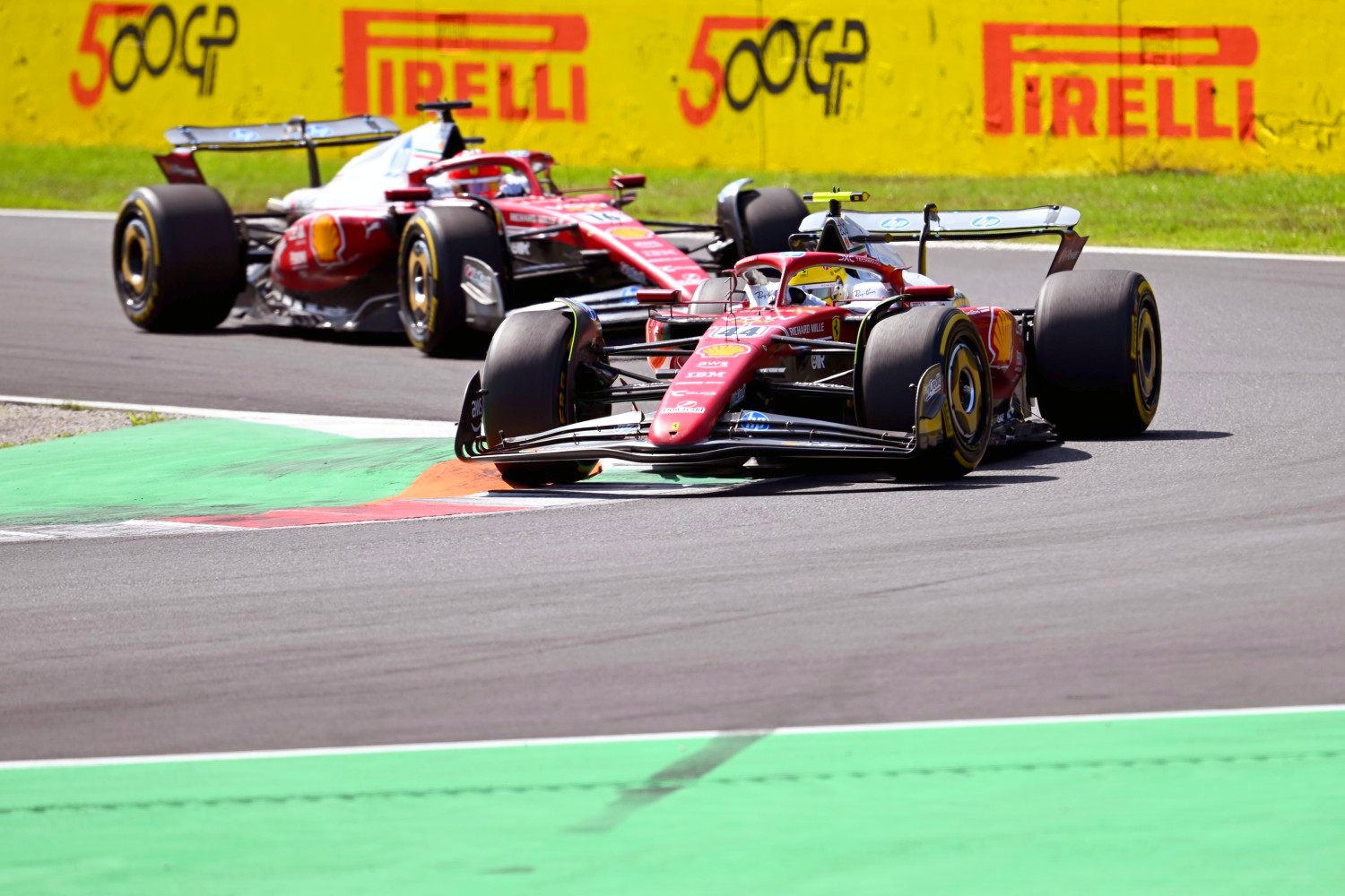 Lewis Hamilton of Great Britain driving the (44) Scuderia Ferrari SF-25 leads Charles Leclerc of Monaco driving the (16) Scuderia Ferrari SF-25 on track during final practice ahead of the F1 Grand Prix of Italy at Autodromo Nazionale Monza on September 06, 2025 in Monza, Italy. (Photo by Simon Galloway/LAT Images for Pirelli)