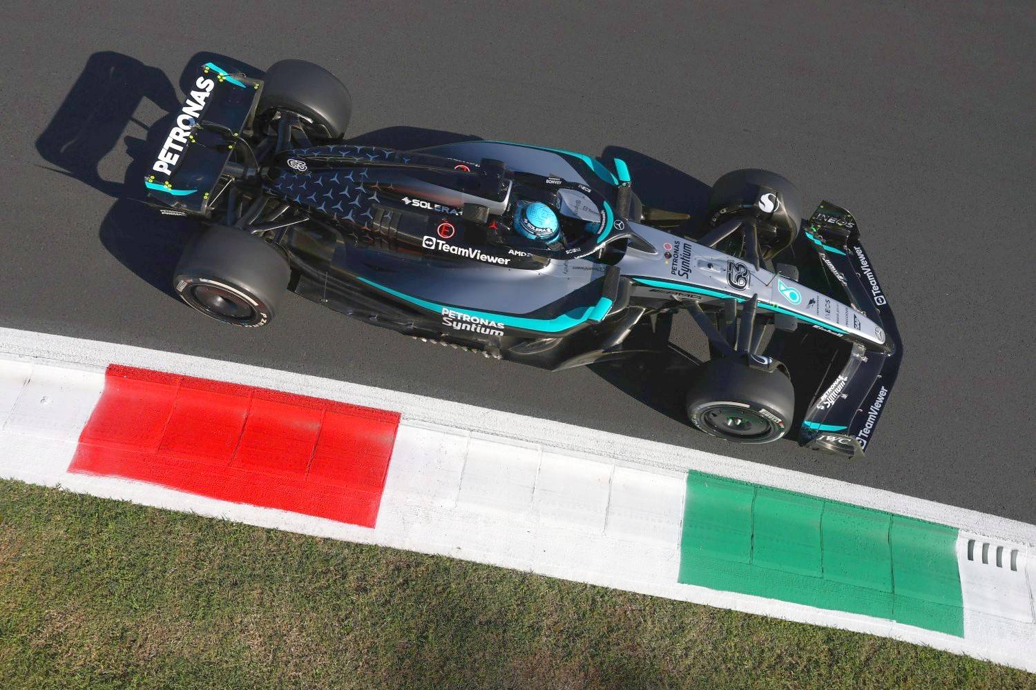 George Russell of Great Britain driving the (63) Mercedes AMG Petronas F1 Team W16 on track during practice ahead of the F1 Grand Prix of Italy at Autodromo Nazionale Monza on September 05, 2025 in Monza, Italy. (Photo by Zak Mauger/LAT Images)