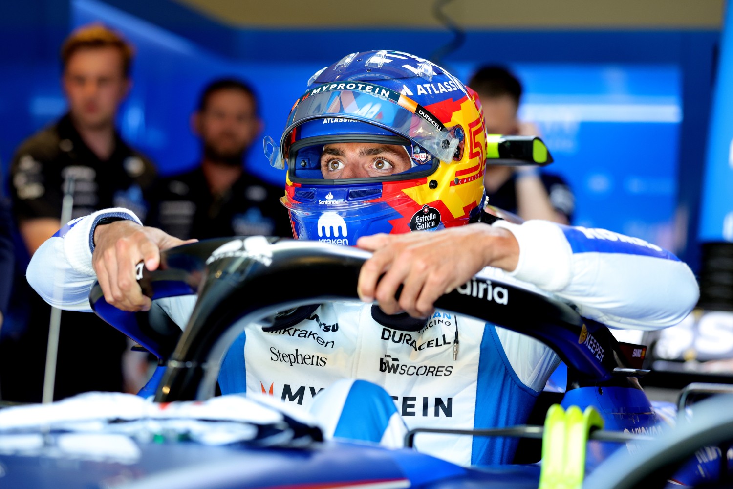 Carlos Sainz Jr. of Spain and Williams prepares to drive in the garage during qualifying ahead of the F1 Grand Prix of Netherlands at Circuit Zandvoort on August 30, 2025 in Zandvoort, Netherlands. (Photo by Bryn Lennon/Getty Images for Williams)