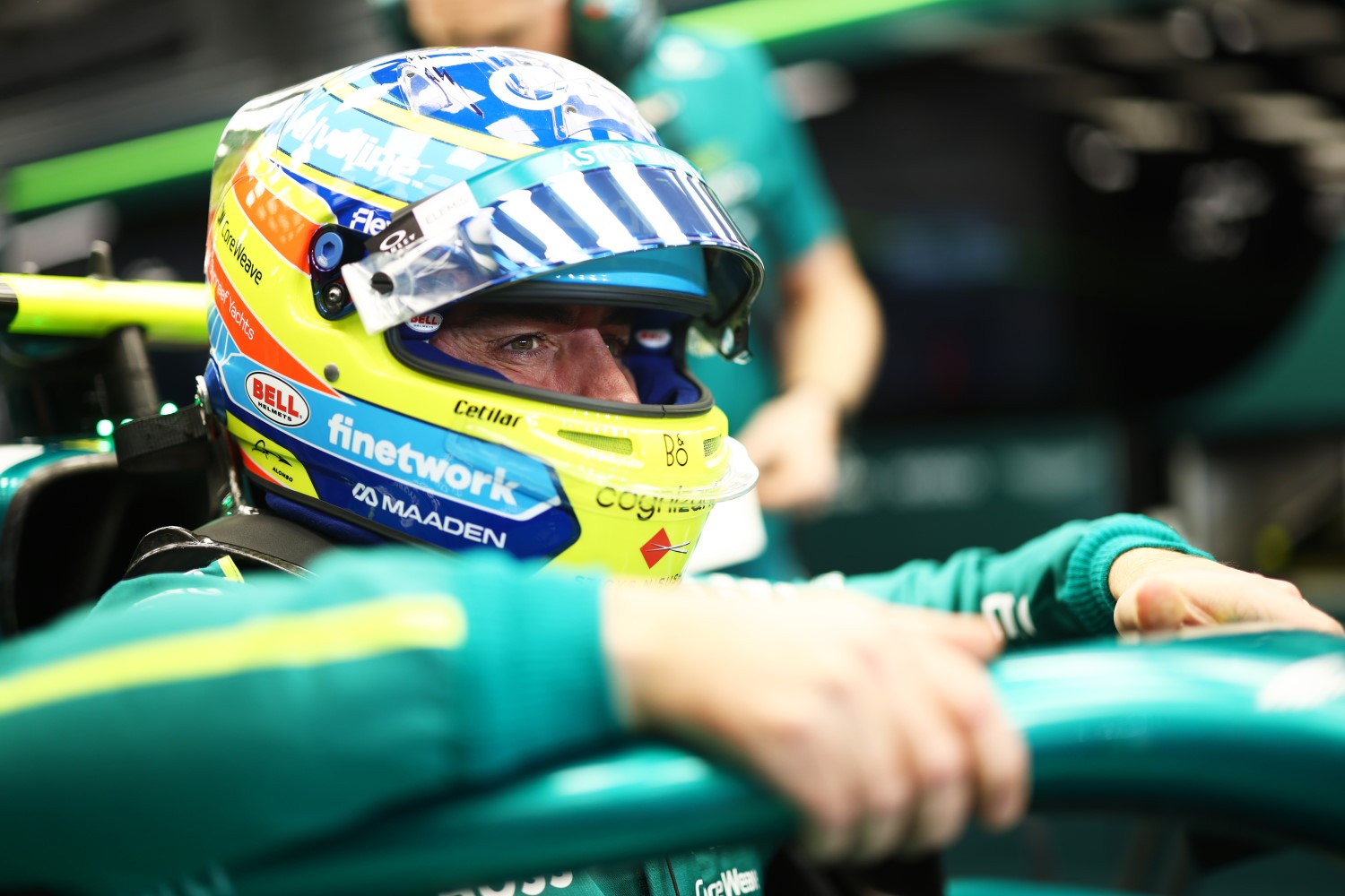Fernando Alonso of Spain and Aston Martin F1 Team prepares to drive in the garage during Sprint Qualifying ahead of the F1 Grand Prix of Qatar at Lusail International Circuit on November 28, 2025 in Lusail City, Qatar. (Photo by Zak Mauger/LAT Images for Aston Martin)