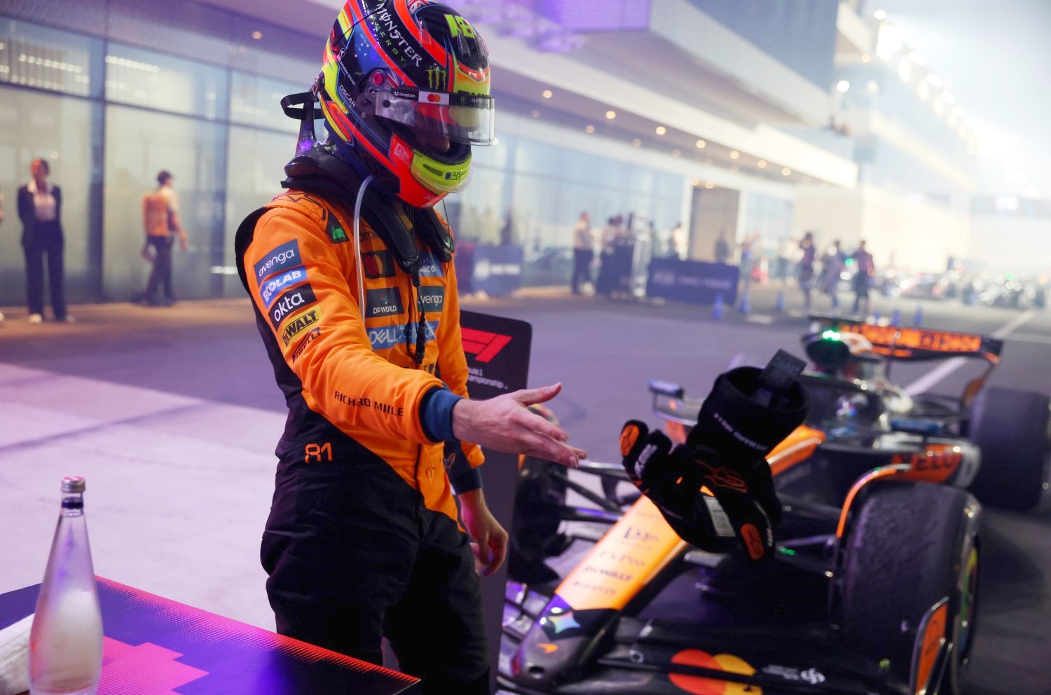 Second placed Oscar Piastri of Australia and McLaren alone in parc ferme during the F1 Grand Prix of Qatar at Lusail International Circuit on November 30, 2025 in Lusail City, Qatar. (Photo by Steven Tee/LAT Images for McLaren)