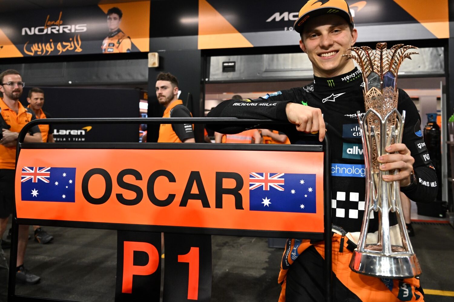 Race winner Oscar Piastri of Australia and McLaren and the McLaren team celebrate in the Pitlane after the F1 GP of Saudi Arabia at Jeddah Corniche Circuit on April 20, 2025 in Jeddah, Saudi Arabia. (Photo by Sam Bagnall/Sutton Images)