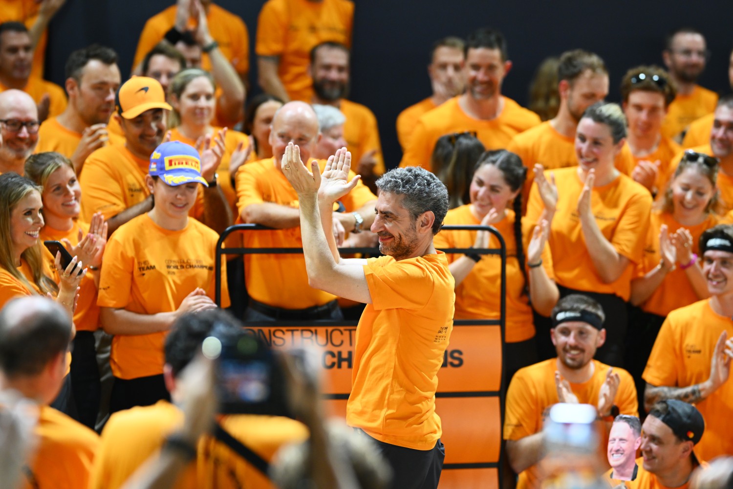 Andrea Stella, Team Principal of McLaren celebrates with his team after winning the Constructors Championship during the F1 Grand Prix of Singapore at Marina Bay Street Circuit on October 05, 2025 in Singapore, Singapore. (Photo by Clive Mason/Getty Images for McLaren)