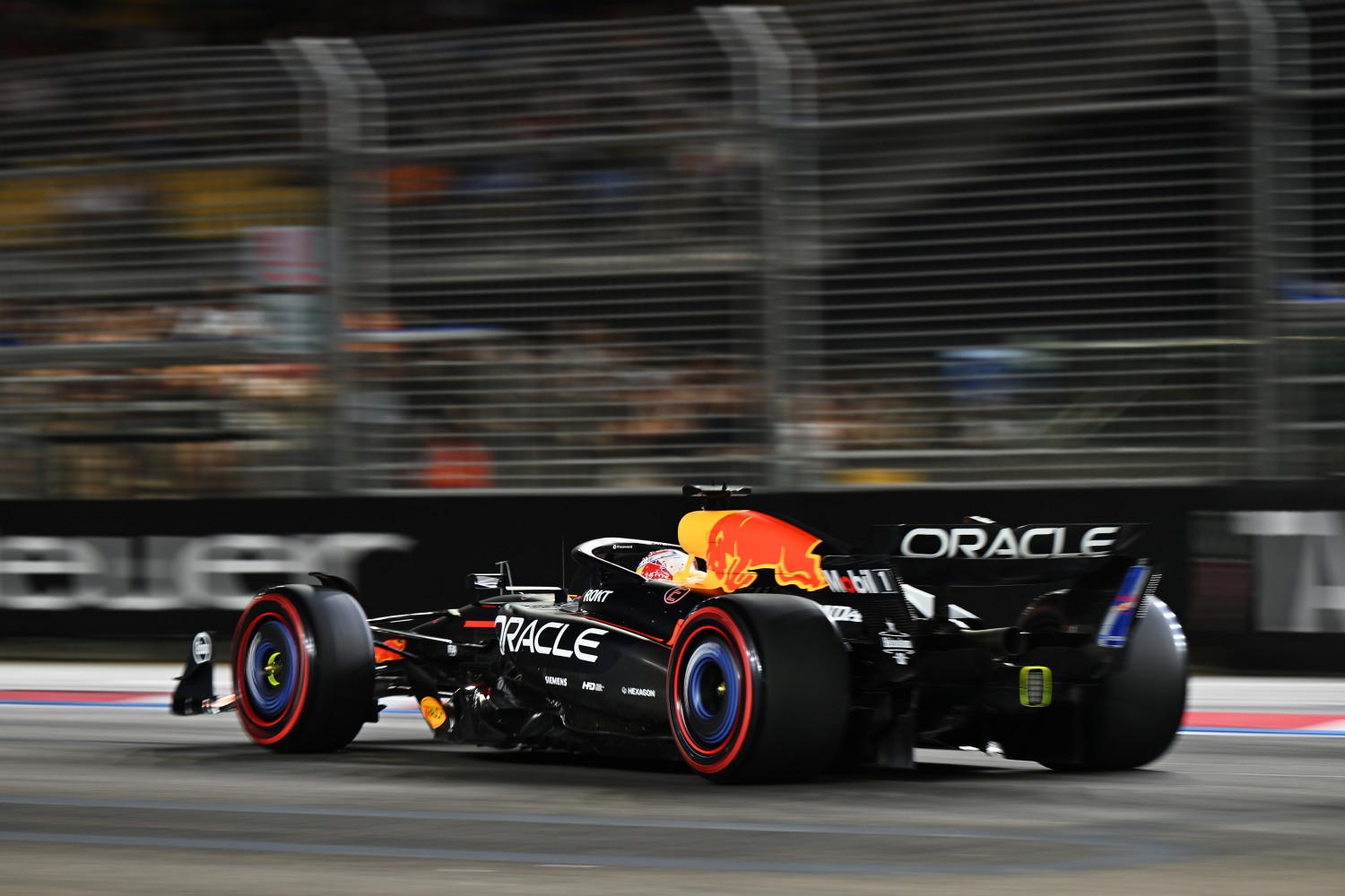 Max Verstappen of the Netherlands driving the (1) Oracle Red Bull Racing RB21 on track during practice ahead of the F1 Grand Prix of Singapore at Marina Bay Street Circuit on October 03, 2025 in Singapore, Singapore. (Photo by Sam Bagnall/Sutton Images for Pirelli)