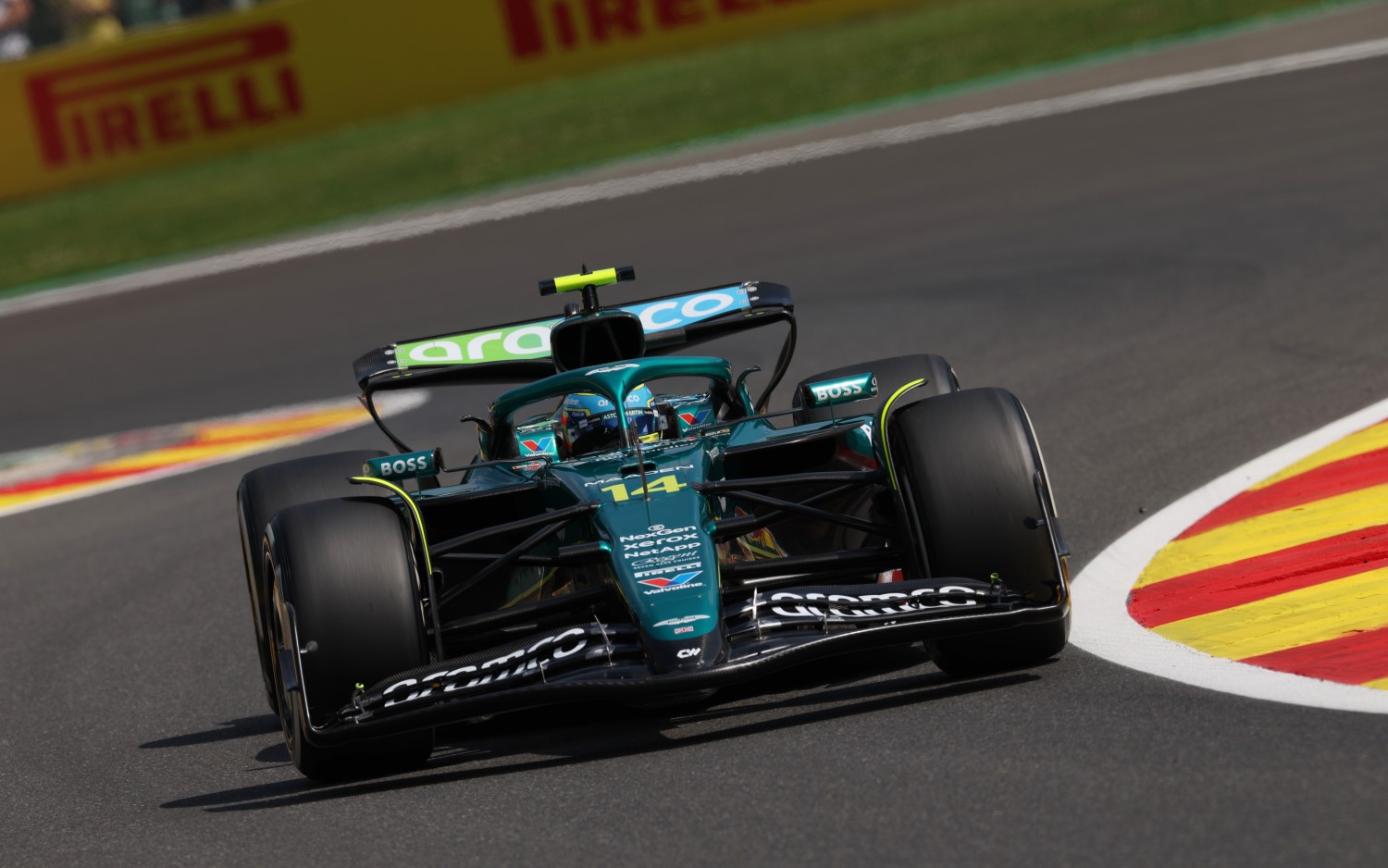 Fernando Alonso of Spain driving the (14) Aston Martin F1 Team AMR25 Mercedes on track during practice ahead of the F1 Grand Prix of Belgium at Circuit de Spa-Francorchamps on July 25, 2025 in Spa, Belgium. (Photo by Ryan Pierse/Getty Images)