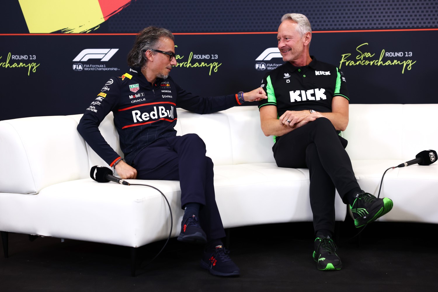 Laurent Mekies, Team Principal of Oracle Red Bull Racing and Jonathan Wheatley, Team Principal of Stake F1 Team Kick Sauber in the Team Principals Press Conference during Sprint qualifying ahead of the F1 Belgium GP at Circuit de Spa-Francorchamps on July 25, 2025 in Spa, Belgium. (Photo by Clive Rose/Getty Images) // Getty Images / Red Bull Content Pool //