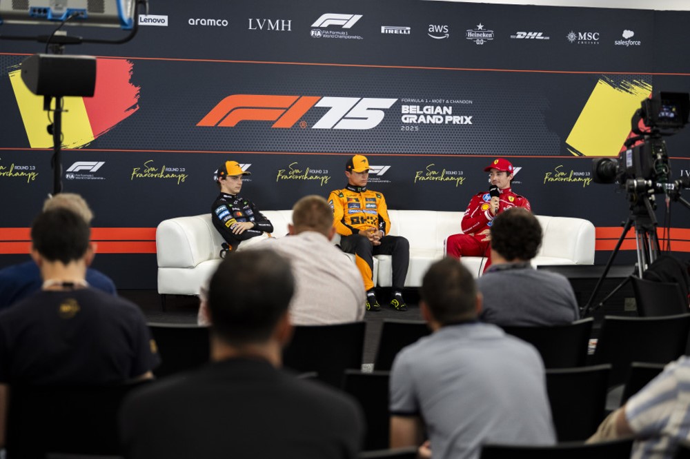 The top-3 qualifiers for the 2025 Belgian GP Formula 1 race at Spa Francorchamps met with the media. The pole was won by Lando Norris. DRIVERS 1  Lando NORRIS (McLaren)  2  Oscar PIASTRI (McLaren)  3  Charles LECLERC (Ferrari)