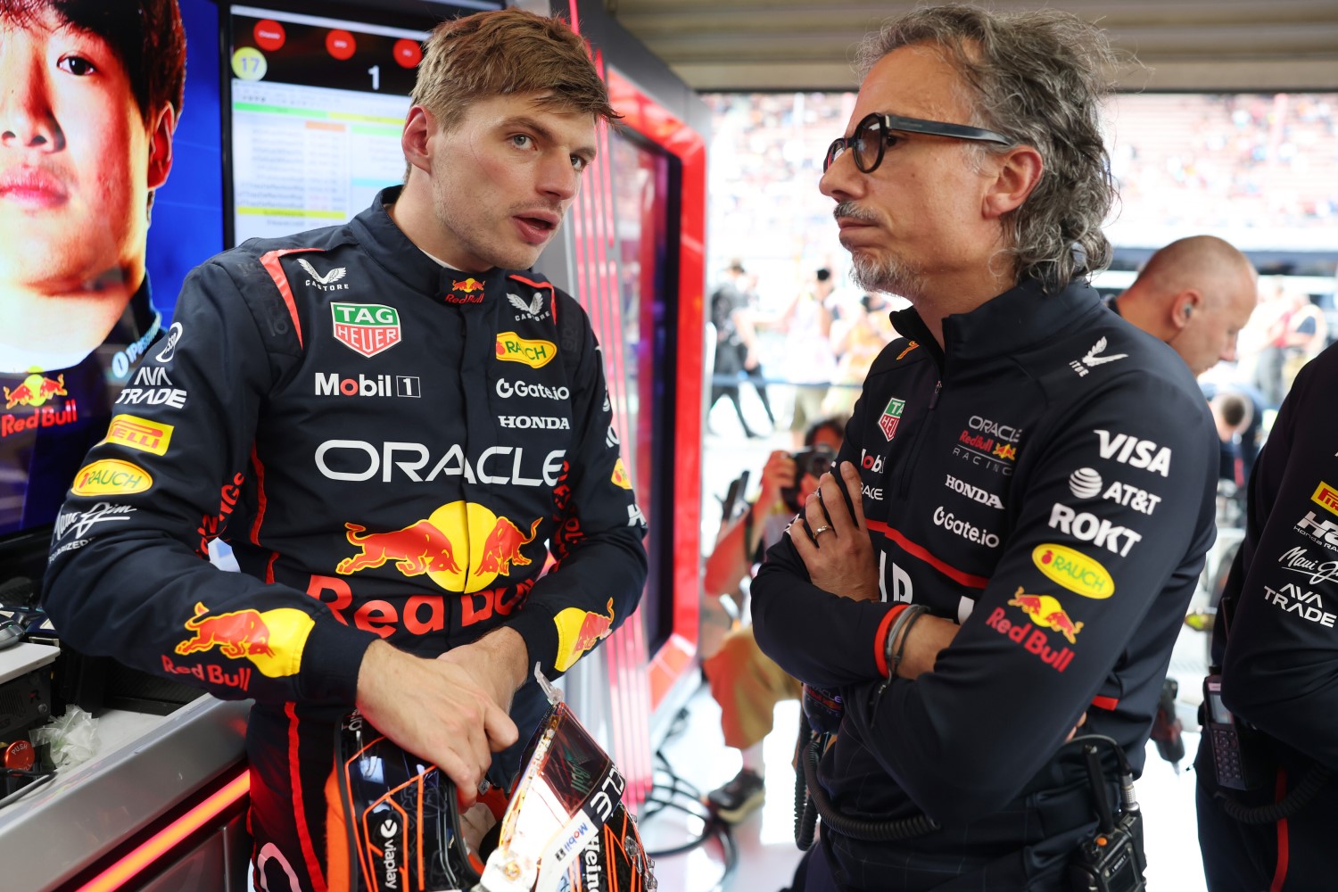 Max Verstappen of the Netherlands and Oracle Red Bull Racing and Laurent Mekies, Team Principal of Oracle Red Bull Racing talk in the garage during practice ahead of the F1 Grand Prix of Belgium at Circuit de Spa-Francorchamps on July 25, 2025 in Spa, Belgium. (Photo by Mark Thompson/Getty Images) // Getty Images / Red Bull Content Pool //