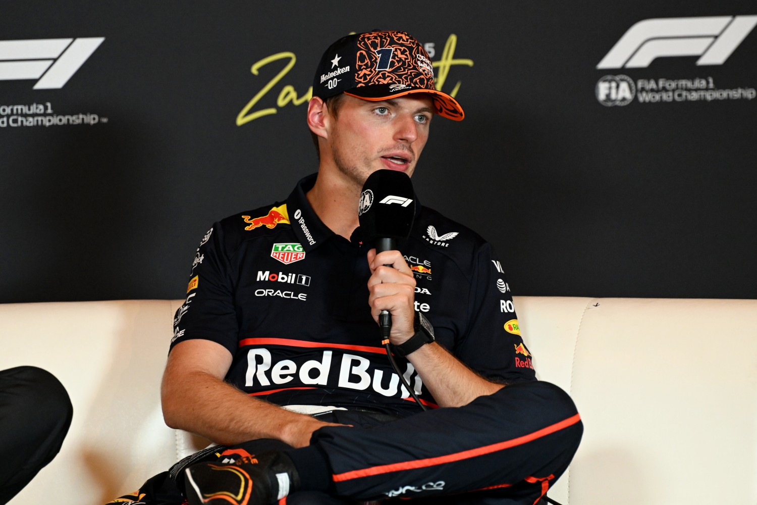 Third placed qualifier Max Verstappen of the Netherlands and Oracle Red Bull Racing in the Drivers Press Conference during qualifying ahead of the F1 Dutch GP at Circuit Zandvoort on August 30, 2025 in Zandvoort, Netherlands. (Photo by Mark Sutton/Getty Images) // Getty Images / Red Bull Content Pool //