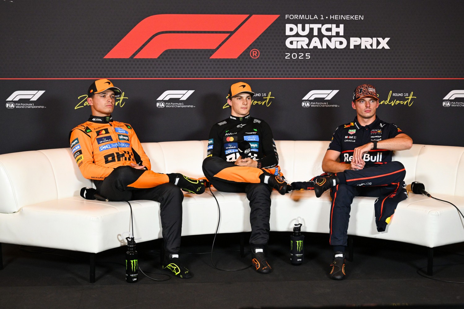 Pole position qualifier Oscar Piastri of Australia and McLaren Second placed qualifier Lando Norris of Great Britain and McLaren and Third placed qualifier Max Verstappen of the Netherlands and Oracle Red Bull Racing in the Drivers Press Conference during qualifying ahead of the F1 Dutch GP at Circuit Zandvoort on August 30, 2025 in Zandvoort, Netherlands. (Photo by Getty Images/Getty Images) // Getty Images / Red Bull Content Pool //