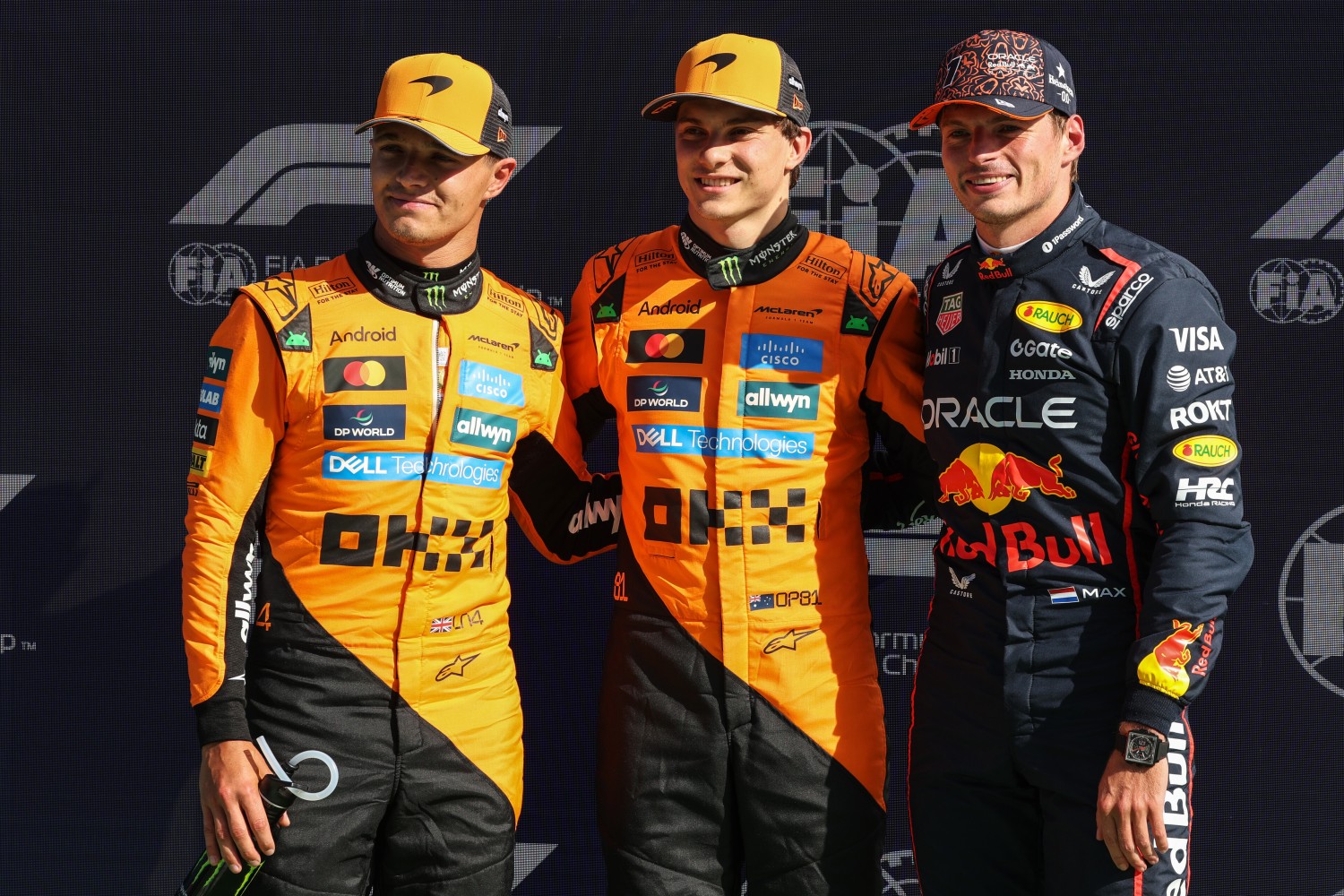Pole position qualifier Oscar Piastri of Australia and McLaren Second placed qualifier Lando Norris of Great Britain and McLaren and Third placed qualifier Max Verstappen of the Netherlands and Oracle Red Bull Racing during qualifying ahead of the F1 Dutch GP at Circuit Zandvoort on August 30, 2025 in Zandvoort, Netherlands. (Photo by Sam Bloxham/LAT Images) // Getty Images / Red Bull Content Pool //Getty Images / Red Bull Content Pool //