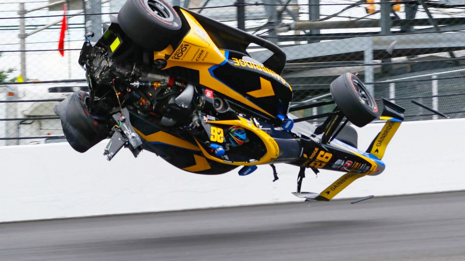 Andretti Global #26 Honda driver Colton Herta crashes in Turn 1 on his first lap of his qualifying run. Photo courtesy of Penske Entertainment