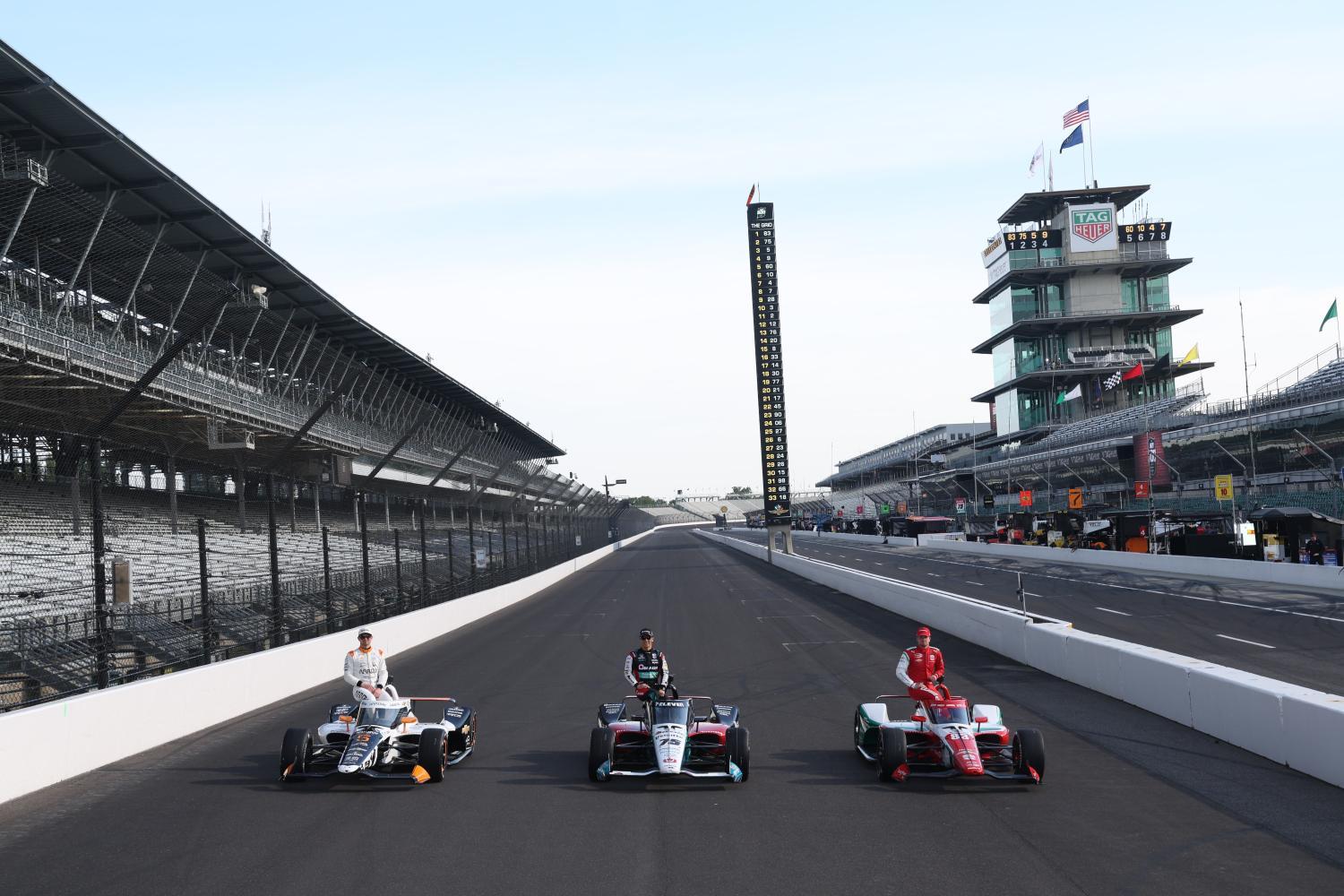 Front row for the 2025 Indy 500. (L to R)Pato O'Ward, Takuma Sato and Robert Shwartzman. Photo courtesy of Penske Entertainment
