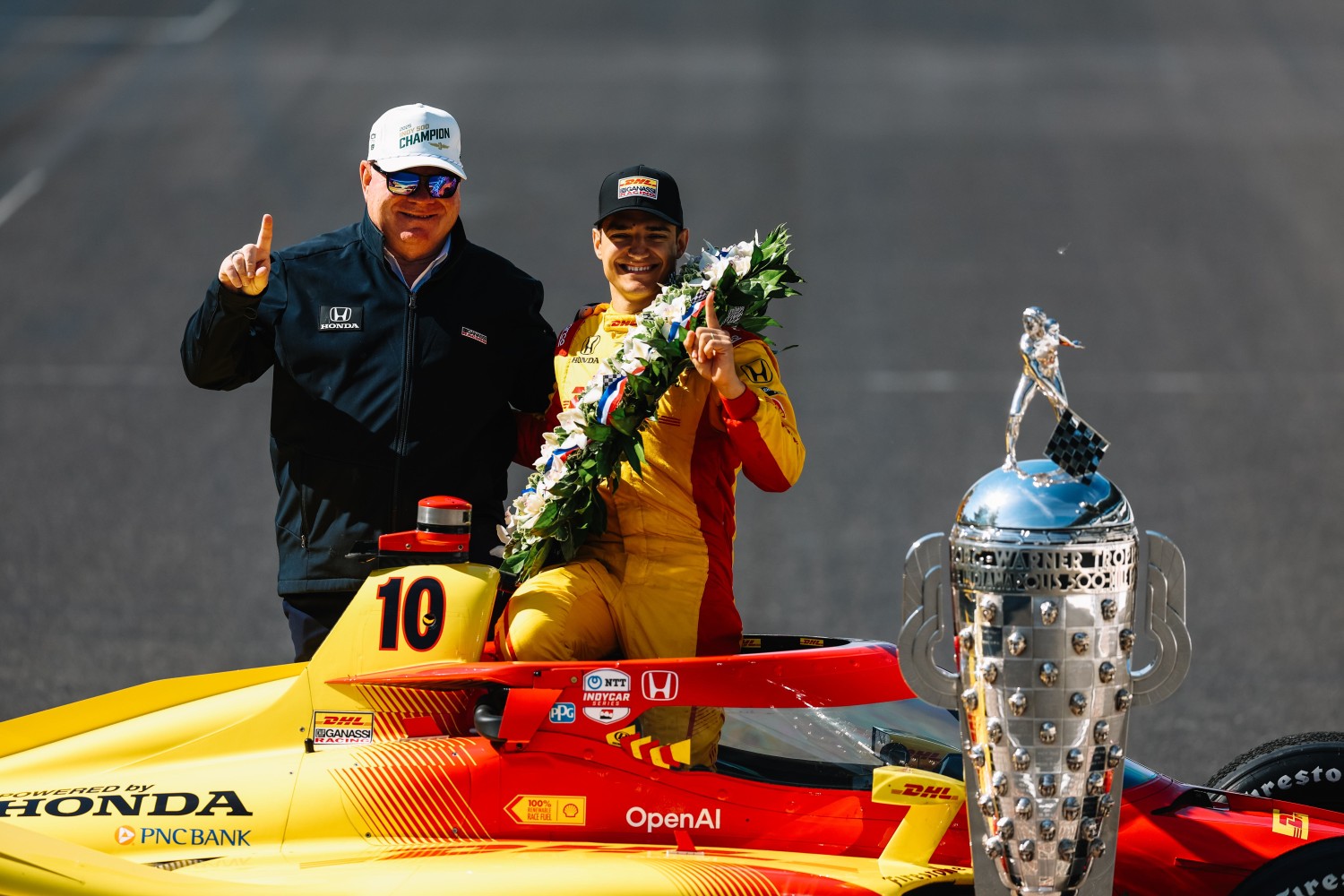 Team owner Chip Ganassi and 2025 Indy 500 winner Alex Palou. Photo courtesy of Penske Entertainment