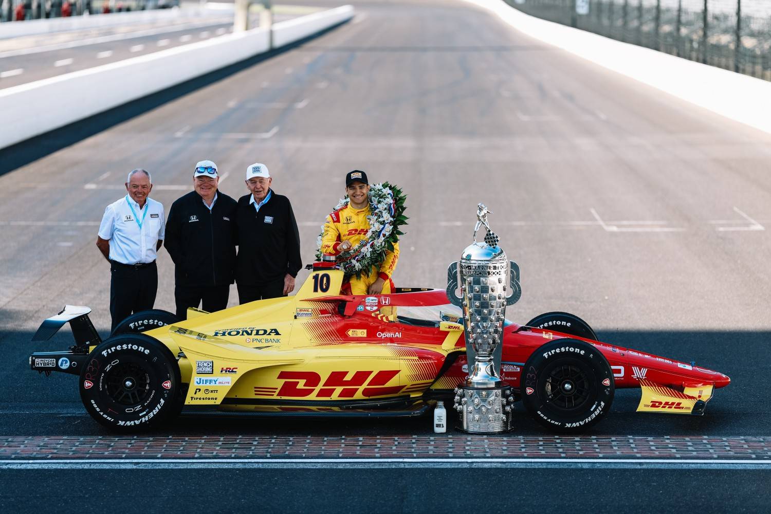 Team Manager Mike Hull, Team Owner Chip Ganassi and 2025 Indy 500 winner Alex Palou. Photo courtesy of Penske Entertainment