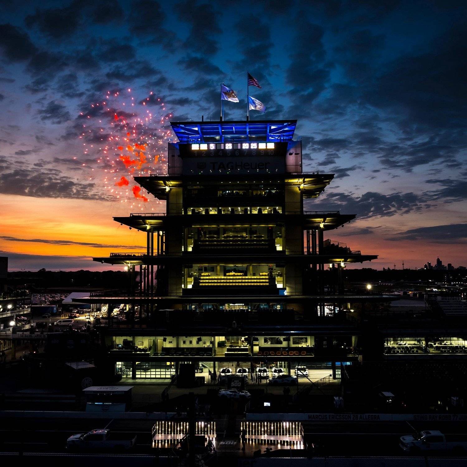 The sun begins to rise over the Indianapolis Motor Speedway as the gun sounds at 6:00am for the gates to open