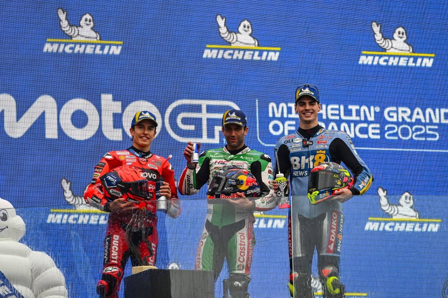 2025 French GP Podium (L to R) Marc Marquez, Johann Zarco and Fermin Aldeguer