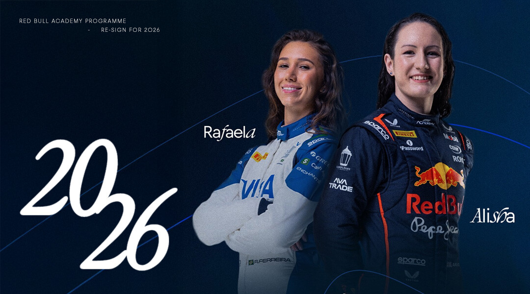 Poster of Rafaela Ferreira & Alisha Palmowski for Red Bull Academy Programme F1A Driver announcing the re-signing for 2026 // November 19, 2025 // Oracle Red Bull Racing / Red Bull Content Pool